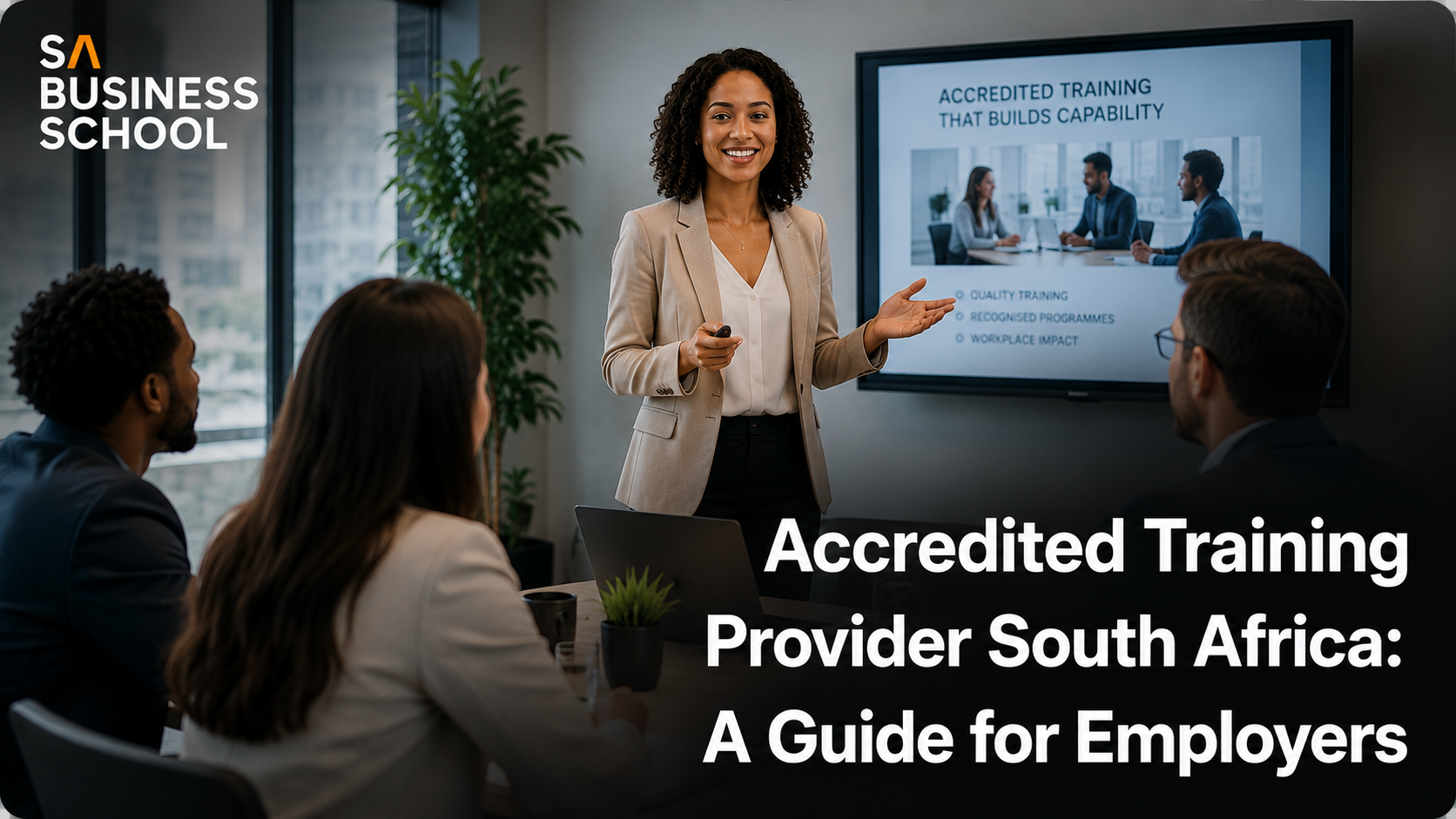 Corporate training facilitator presenting an accredited workplace learning programme to business professionals in South Africa.