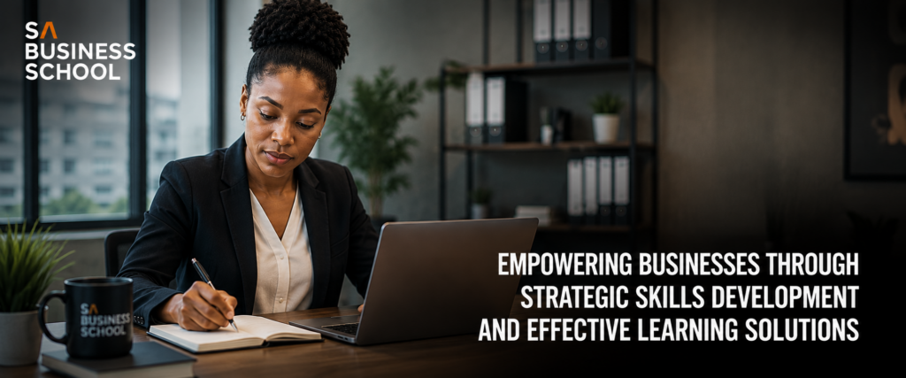 Corporate facilitator presenting a workplace learning strategy to managers during a business training session.