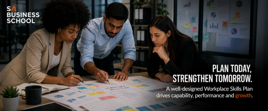 Corporate team discussing employee development and Workplace Skills Planning in a modern office.